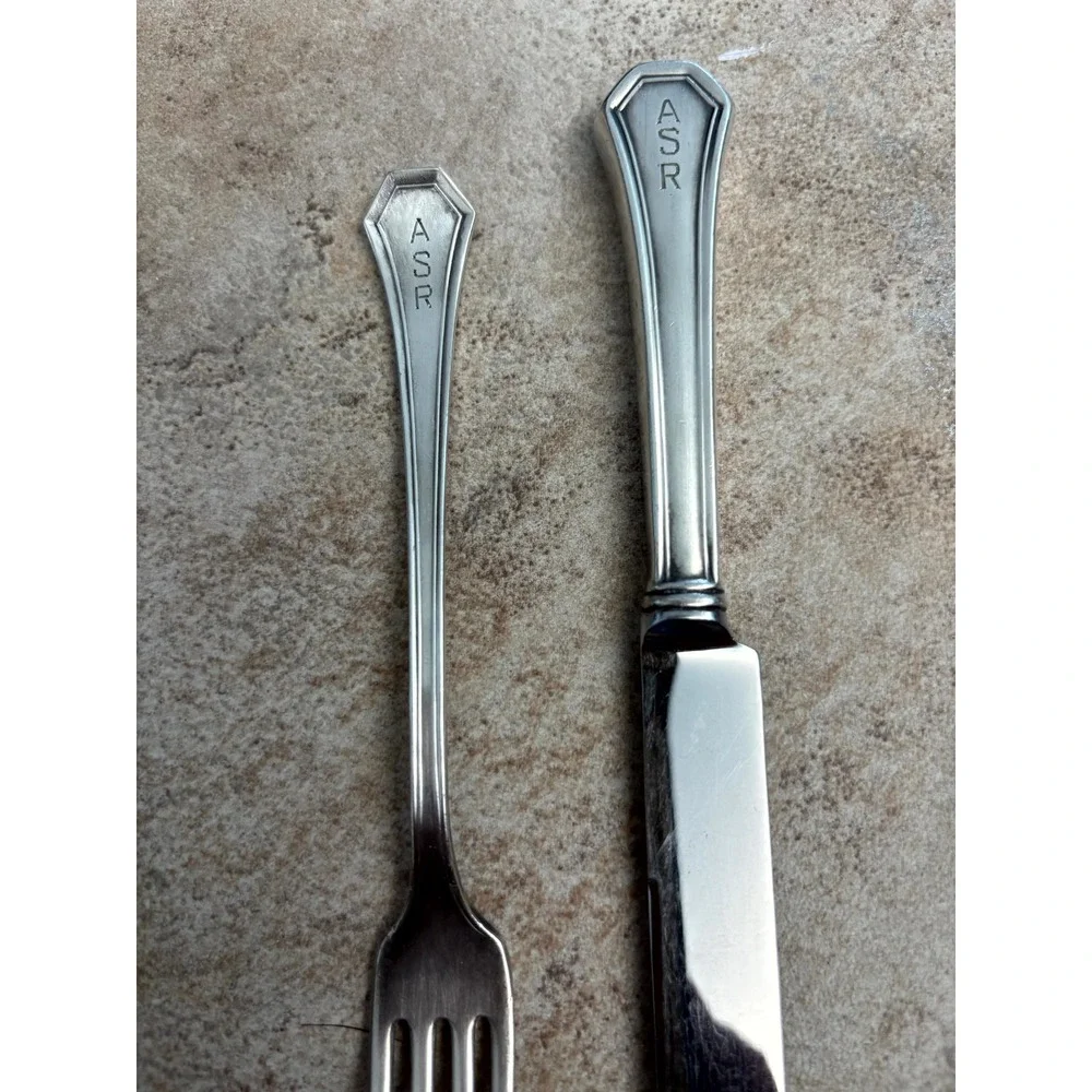 Reed & Barton Pointed Antique Silver Knife and Fork Set Monogram ASR